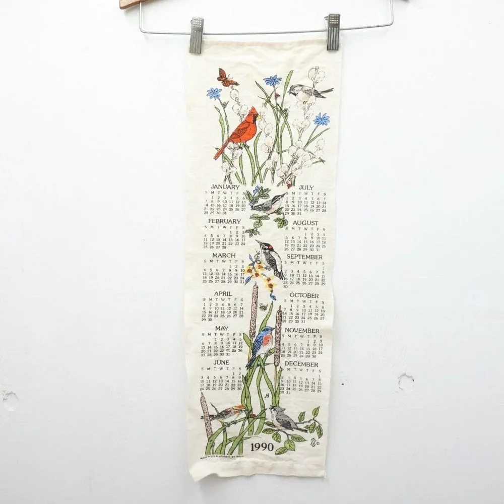 4/$20 1990 Calender Linen Wall Hanging Floral Song Birds Cardinal Wren Bluebird